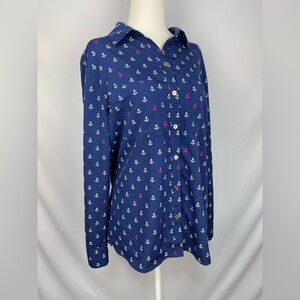 C. Wonder Anchor print navy button down blouse women’s 10